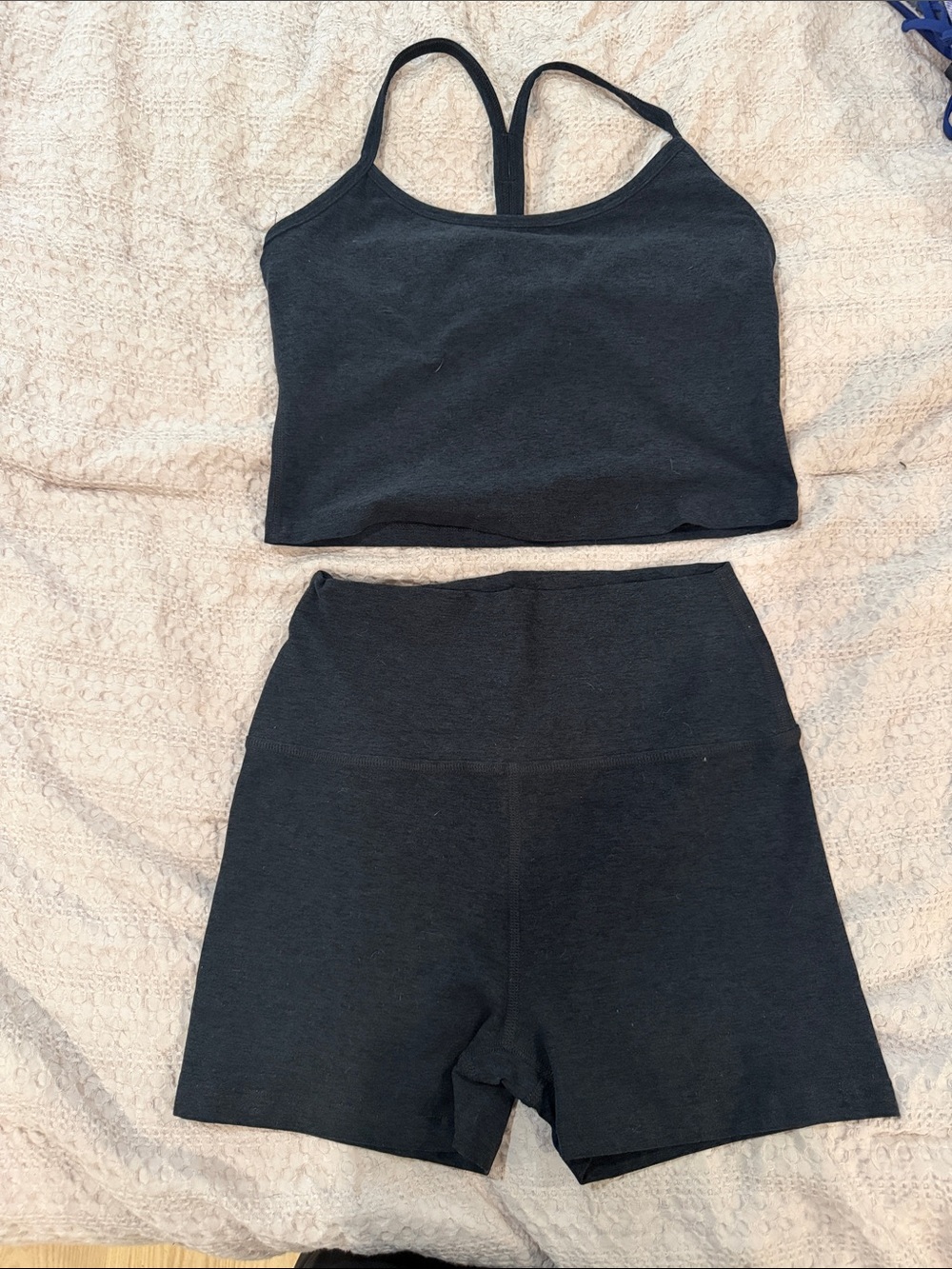 Beyond Yoga Black High-Waist Bike Shorts and Tank Set